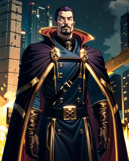 yasker, blue military coat, long purple cloak, high collar, golden edgings