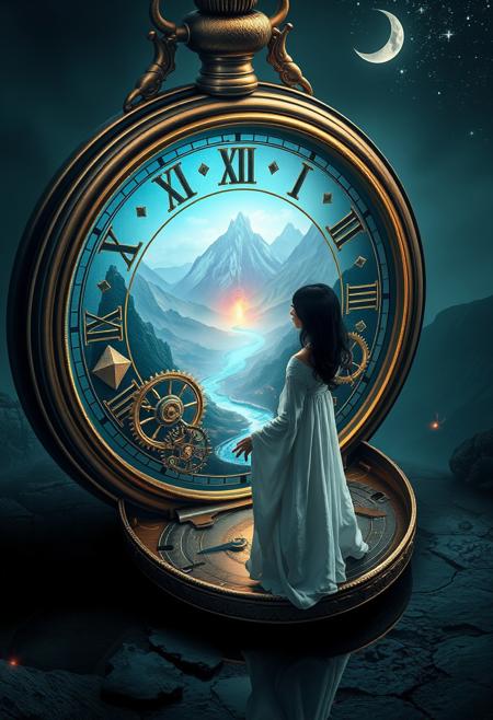 Imagine a surreal, top-down scene with a close-up of an enormous ancient pocket watch standing upright, its cover open to reveal a magical portal within. The watch's interior is a marvel of intricate mechanisms: gleaming gears, finely crafted cogs, and ornate clock hands, all frozen in time. These elements, adorned with glowing runes and delicate vines, pulse softly as if alive with magic. At the heart of this mystical scene stands a lone figure—a young woman with porcelain skin and raven-black hair, dressed in a flowing white robe. She is positioned at the threshold of the portal, one hand reaching out to touch the mystical aether beyond. Her sapphire-like eyes, bright with curiosity, reflect the portal's otherworldly glow as she gazes into the breathtaking landscape: towering mountains, a cascading volcano, and a steaming river winding through burned forests. The clock, resting on an obsidian floor, mirrors the vibrant glow of the runes and the distant portal light. A crescent moon and twinkling stars cast a dreamlike glow over the scene, enhancing its otherworldly atmosphere. Deep reds and blues dominate the color palette, with reflective volumetric lighting and raytracing adding depth and realism. The scene is dark and low-key, filled with a palpable sense of adventure and wonder, as if the viewer is being drawn into the hidden, magical world within the clock’s ancient mechanisms, guided by the woman's presence.