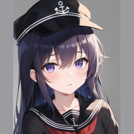 (masterpiece, best quality:1.2),illustration,8k,hd,1girl,solo,upper body,(portrait:1.2),long_hair,white serafuku,purple_eyes,anchor_symbol,flat_cap,purple_hair,black_hair,hair_between_eyes,black_headwear,black_skirt,long_sleeves,pleated_skirt,red_neckerchief,white school_uniform,skirt,black_pantyhose,black_sailor_collar,<lora:Akatsuki>,