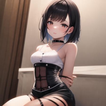 1girl, arm_support, arms_behind_back, bangs, bare_arms, bare_shoulders, black_choker, black_hair, black_legwear, black_skirt, blunt_bangs, brown_eyes, choker, collarbone, corset, fishnet_legwear, fishnets, garter_straps, high-waist_skirt, lace, lace-trimmed_legwear, lace_trim, leaning_back, miniskirt, shirt, short_hair, sitting, skirt, sleeveless, sleeveless_shirt, solo, thighhighs, thighs