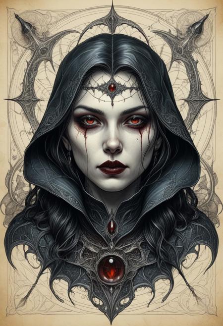 Finely detailed vector illustration, biological study, female Vampire, vetruvian style, ultra realistic quality, an explorer's pencil drawing, parchment background, hyperdetailed, intricately detailed, muted colors,fantastical,intricate detail,splash screen, fantasy concept art, 8k resolution, masterpiece, ink on old paper, calligraphy,
