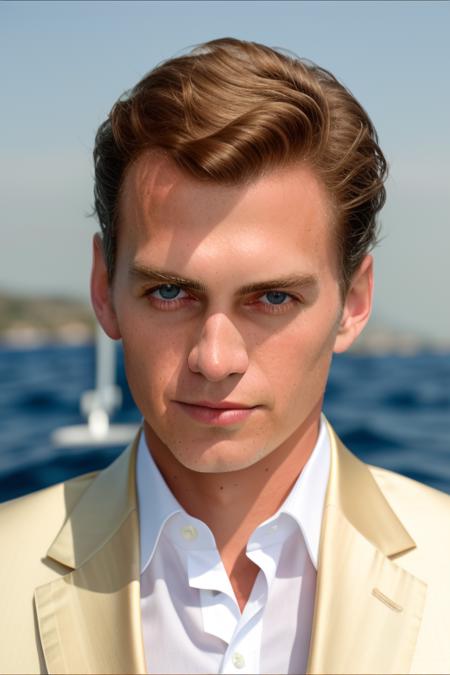 raw photo of a man, on a yacht on the ocean, stunning white suit, extreme close up, 8k uhd, fujifilm xt3