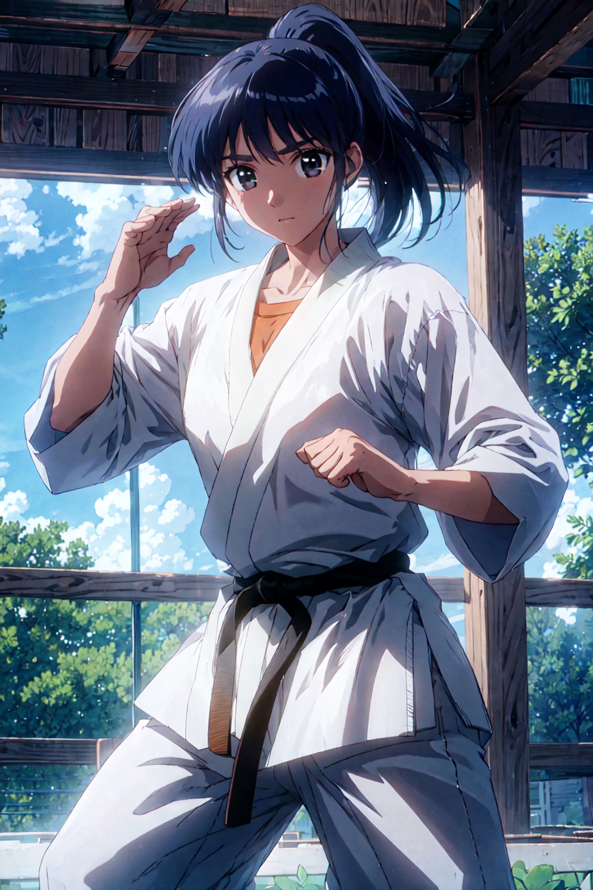, best quality, masterpiece, suoumikoto, dougi, solo, 1girl, fighting stance, ponytail, black hair, black belt <lora:suoum...