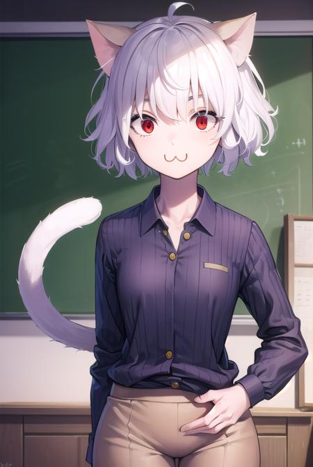 neferpitou, <lyco:neferpitou-lyco-nochekaiser:1>,
neferpitou, short hair, (red eyes:1.5), animal ears, hair between eyes, tail, white hair, cat ears, cat tail, cat girl, curly hair, <lora:catmouth_v100:1>, :3,
BREAK long sleeves, shorts, striped, buttons, brown shorts, shirt, collared shirt, blue shirt,
BREAK looking at viewer,
BREAK indoors, classroom, (cowboy shot:1.5),
BREAK <lyco:GoodHands-beta2:1>, (masterpiece:1.2), best quality, high resolution, unity 8k wallpaper, (illustration:0.8), (beautiful detailed eyes:1.6), extremely detailed face, perfect lighting, extremely detailed CG, (perfect hands, perfect anatomy),