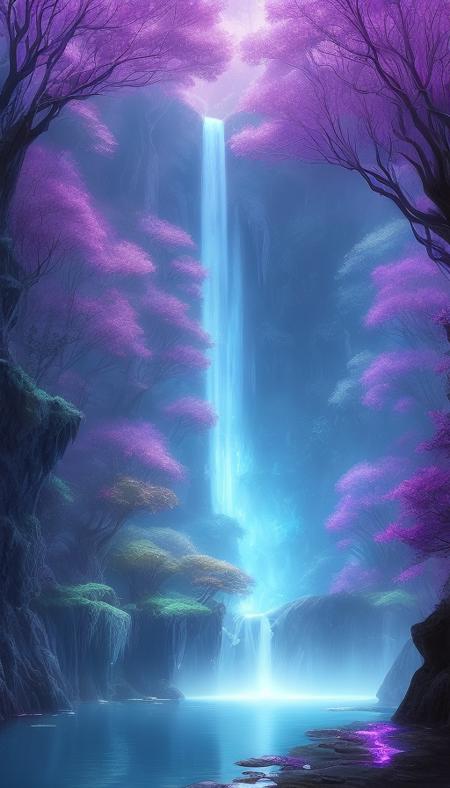 An enchanting and magical waterfall that flows from a hidden cave, with glowing crystals that illuminate the water and create a surreal and otherworldly atmosphere, surrounded by a fantastical landscape of towering trees and mystical creatures, artstation, digital painting, highly detailed, trending, vibrant colors