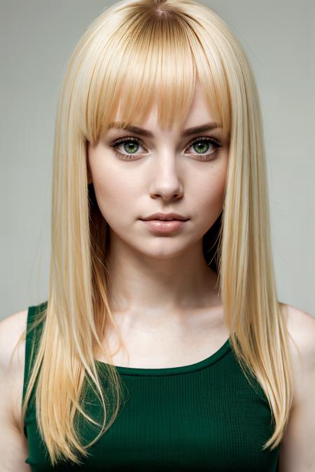 1girl, blonde hair, medium hair, forehead, bangs, beautiful face, beautiful woman, cute, pale skin, green eyes, portrait, upper body, simple background, red background, expressionless face, looking at viewer,