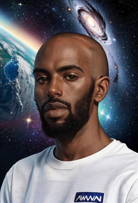 <lora:alphawannv2:0.7> 1boy, solo, portrait, dark skin, bald, , alphawann, beard, shirt, in space with galaxy behind