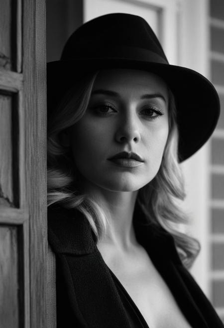 (stern look),  (monochrome), (portrait), (closeup), cinematic film, shadow, partially covered in shadow, 28 year old blonde french woman standing door of old house, fedora, wicked, femme fatale,   lips, eyelashes, profile, realistic, shallow depth of field, vignette, highly detailed, high budget, bokeh, cinemascope, moody, epic, gorgeous, film grain, grainy, burlesque, (natural skin),