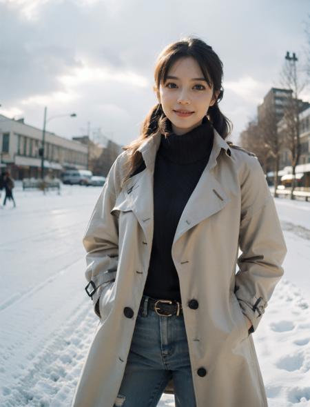 best quality,masterpiece,(photorealistic:1.4),1girl,plump,(light smile:0.9),happy, Leakage of teeth,medium breasts,No one else in the background, manicure, stretch,Short sweaty hairs on the face, (in  winter:1.3),  twintails,Jeans Women's High Waist Draped Loose,(trench  coat:1.4),(Sweater with diamond pattern:1.3),scarf,(From a fisheye lens:1.2),(cloudy day:1.3), (hands  in  pocket:1.3)
