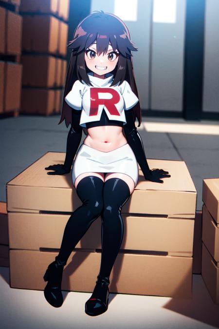 solo,  lf,  in warehouse,  sitting on crate,  black boots,  thigh boots,  elbow gloves,  black gloves,  team rocket uniform,  white shirt,  crop top,  white skirt,  evil grin,<lora:EMS-252979-EMS:0.700000>