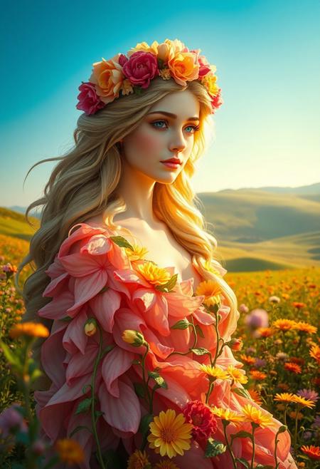 Masterpiece. A close-up portrait of the goddess Flora, the Roman deity of flowers, spring, and renewal. She is depicted as a graceful figure with flowing hair adorned with a crown of vibrant blossoms. Her attire is a flowing, ethereal dress made of petals in shades of pink, green, and gold, symbolizing the abundance of nature. Surround her with a lush garden filled with colorful flowers in full bloom and a soft golden light that enhances the scene's magical and serene atmosphere. The background should include rolling meadows and a clear blue sky. beautiful woman, inspiring, flower, high-res, semi realistic, best quality, intricate details, ultra details, good lighting, vibrant colors, very detailed, octane render, ray tracing