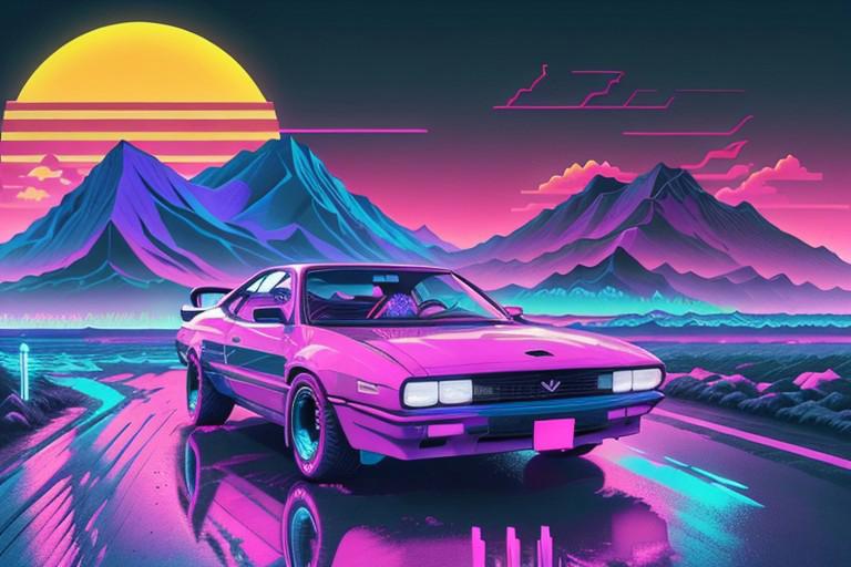 (synthwave:1.2), (neon sun)  scanlines, wireframe, mountains, palm tree, vectorized,(retrowave), (vaporwave), purple blue pink yellow orange blue black, car, car on road, retro 80's inspired car design, sleek, sharp lines, car with neon underglow, neon, dark background,(highres), best quality, high quality, (masterpiece), intricate detail, [[raytracing]] <lora:retrowave_0.12:0.7>, neonskiesai,