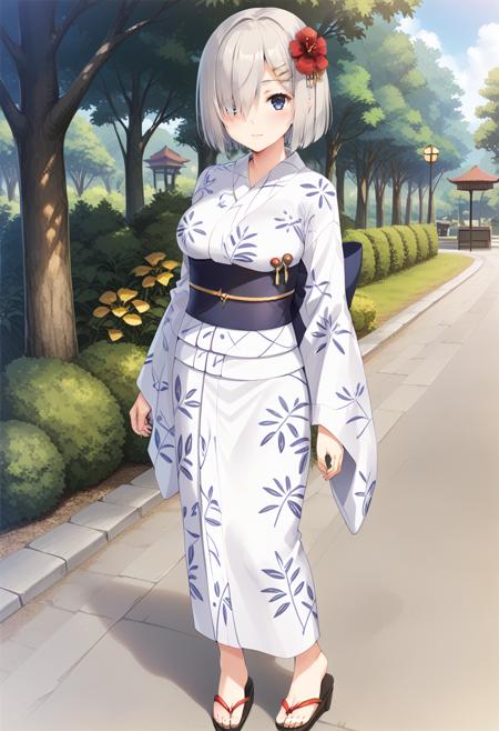 hamakazekc, grey hair, hairpin, short hair, bangs, hair over one eye, blue eyes hamakazedefkc, serafuku, white shirt, blue sailor collar, yellow neckerchief, short sleeves, buttons,  grey skirt,  pleated skirt, miniskirt, brown pantyhose, black loafers hamakazeyukatakc, white yukata, print kimono, hair flower, long sleeves, wide sleeves, obi, sash, sandals hamakazedefkc, serafuku, white shirt, grey skirt, miniskirt, yellow apron, head scarf, short sleeves, brown pantyhose