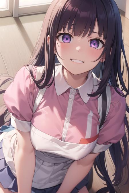 mikan tsumiki, long hair, purple hair, (purple eyes:1.1), bangs, blunt bangs, apron, bandaged leg, bandages, collared shirt, miniskirt, pink shirt, pleated skirt, puffy short sleeves, puffy sleeves, shirt, short sleeves, skirt, two-tone shirt, white apron, white shirt,