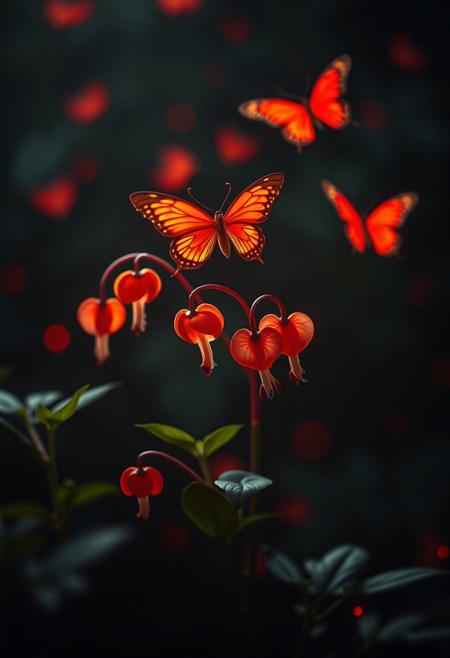 Vibrant orange Bleeding Hearts flowers and glowing red butterflies dance against a pitch-black background in this cinematic masterpiece. Shot in stunning 4K with ray tracing and intricate details, the scene is bathed in dramatic light with a shallow depth of field, emphasizing the hyper-realistic blooms. Cinemascope framing and film grain add to the high-budget aesthetic, while bokeh highlights the surreal, painterly quality. The result is an otherworldly Editorial Photo worthy of 8K RAW.
