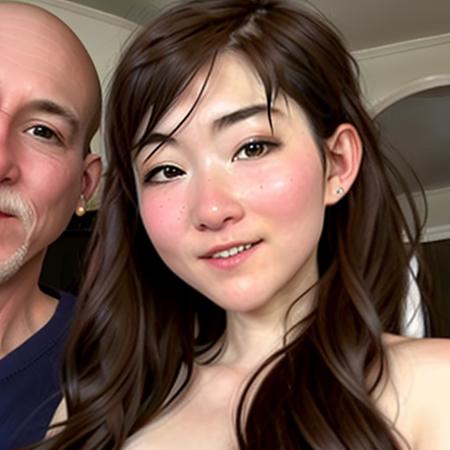 a photo of (mayli_AKM-5600:0.99) and a shirtless goatee bald thin guido (50yo:1.12) thug,(brunette) girl   ,she has (brown eyes),she has a slender thin build,standing together, proud couple, dynamic lighting,she wears dark eyeliner,she wears dark eyeshadow , may december