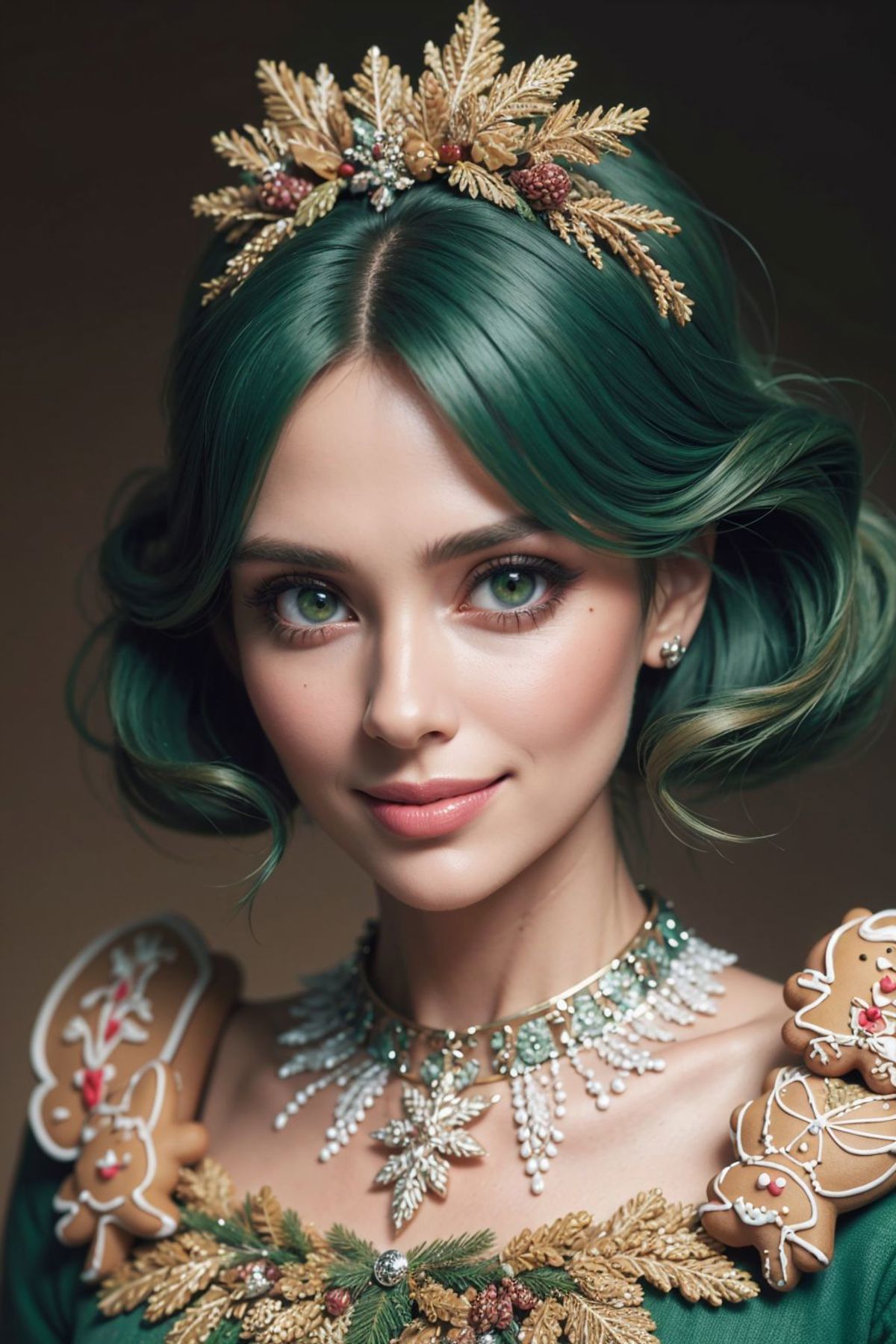 Green-haired woman wearing gold and white jewelry and a crown, smiling at the camera.