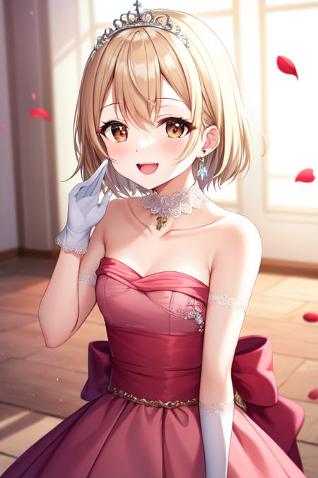 bridal, collarbone, earrings, brown eyes, white gloves, POV, petals, tiara, blonde hair, short hair, :d 