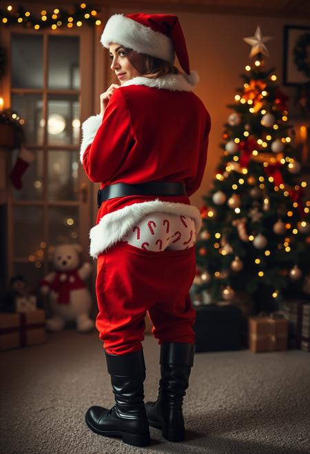 A full-body view of Santa Claus' wife, seen from behind and slightly turned to the left, so both her back and left side are visible.
She is looking over her left shoulder toward the camera, winking with one eye.
She is wearing Santas traditional red suit with white fur trim, black boots, and the iconic hat slightly tilted.
In contrast to usual she wears sagging red pants, revealing white boxers with a candycane pattern with a plain red waistband.
The setting is cozy and festive, with a warm glow and Christmas decorations, like twinkling lights and a decorated tree, in the background.