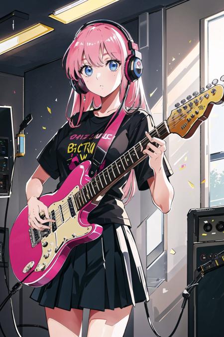 ((masterpiece,best quality))1girl, solo, black skirt, blue eyes, electric guitar, guitar, headphones, holding, holding plectrum, instrument, long hair, , music, one side up, pink hair, playing guiter, pleated skirt, black shirt, indoors