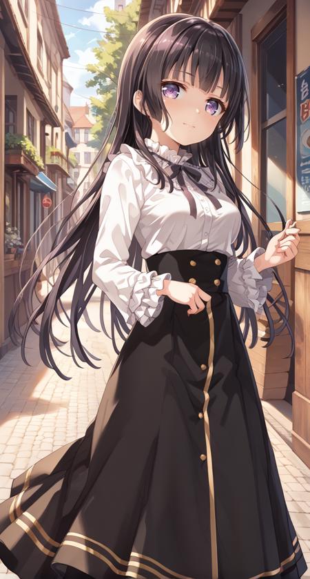 srknrnkcasual, shirokane rinko, black hair,very long hair,black ribbon,black skirt,blunt bangs,long skirt,white shirt, frilled shirt collar,frilled sleeves,frills,high-waist skirt,hime cut,neck ribbon,purple eyes, shirokane rinko, srknrnkschool,black hair,very long hair long sleeves,neck ribbon,outstretched arm,parted lips,pleated dress, purple eyes,red ribbon,ribbon,sailor collar,sailor dress,school uniform,serafuku,short dress,sidelocks,