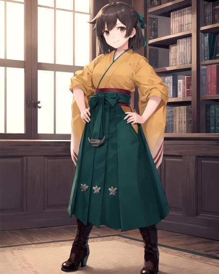 kimono, wide sleeves, long sleeves, anchor hakama, hakama skirt, long skirt cross-laced footwear, brown boots, high heel boots tasuki, short sleeves