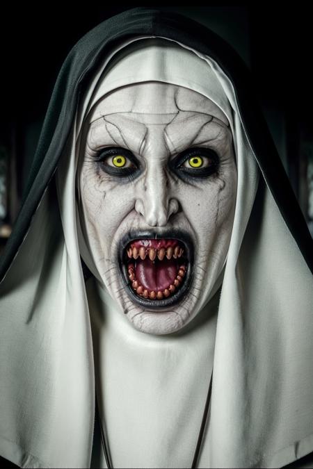 (best quality:1.2), (detailed:1.2), photo of valak, open mouth, looking at viewer, half body portrait, high detail skin, detailed face, detailed facial features, detailed eyes, eye reflection, 8k, uhd, hdr, absurdres, volumetric lighting, sharp focus, looking looking at viewer, church in the background, <lora:valak:1>