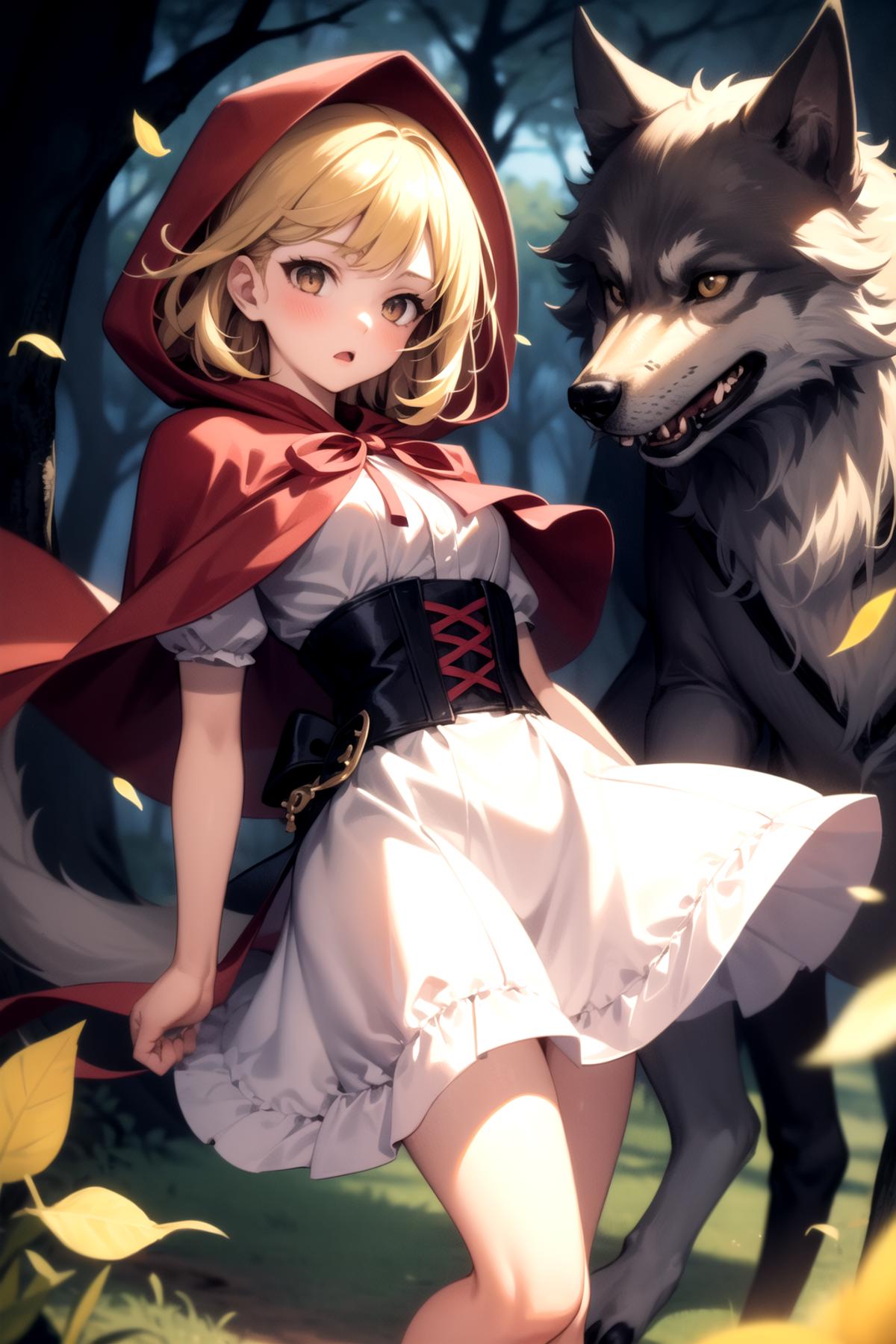 Anime girl wearing a white dress and red cape with a wolf behind her.