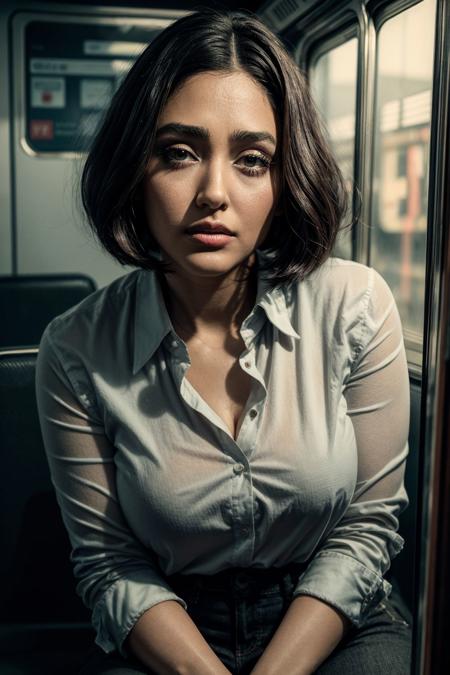 medium bob hair, gorgeous  glsfthfrhni 1girl, sensual gaze, wearing a collared shirt, classy pants, beautiful detailed face, big lips, big eyes, perfect detailed eyes, smoky eyeliner, blush, perfect face, good hands, good long  fingers, goosebumps, bumpy skin, good feet, [curvy], attractive pose in the train cabin, hyper realistic, masterpiece, ultra high res, shadow play, dark studio <lora:add_detail_v5:0.5> <lora:epi_noiseoffset2:0.5><lora:black-white:-0.15>  <lora:more_details:0.5>  <lora:Golshifteh Farahani:0.7>