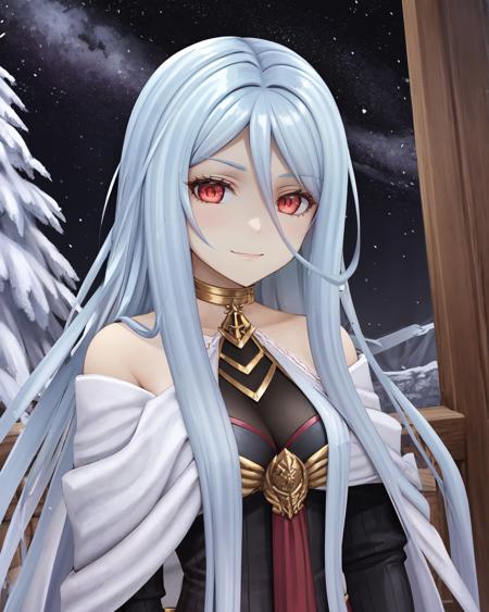 best quality, (masterpiece:1.2), illustration, absurdres, 
(1girl), (solo), (beautiful detailed girl), (upper body, portrait), from below,
<lora:Grandmaster-10:0.9>, Grandmaster, pale blue hair, long hair, very long hair, red eyes, medium breasts,
white shawl, white cloak, black dress, long sleeves, ruffles, jewelry, choker, pantyhose, red high heels, pelvic curtain,
gentle smile,  looking at viewer,
winter, snowfall, snowy mountains, snow, snowy pine trees, freezing weather, frost, chill, wind, windy, winter , night, nighttime, starry sky, wooden fence, distant village, distant lights, lantern,