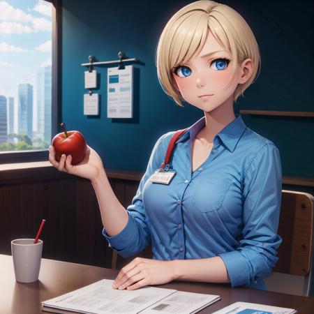 woman, blue blouse with pocket, buttons, id card badge, short blonde hair, blue eyes, sitting, holding red apple, wooden desk, hand on papers, cup with red pen on desk, chair, from front, blush, blue wall, wooden panels, window, cityscape, tree <lora:woman_with_apple_01:1>