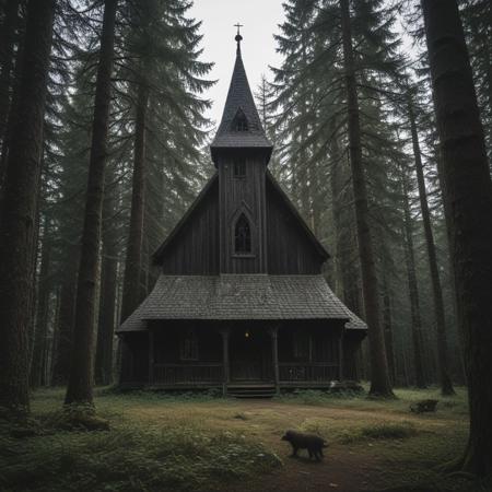 Abandoned stave church, deep in the forest, deep in the woods, dark woods, dark forest, forgotten stave church deep in the forest, tall trees, shadow, morning, dim lights, grizzly bear in front,
