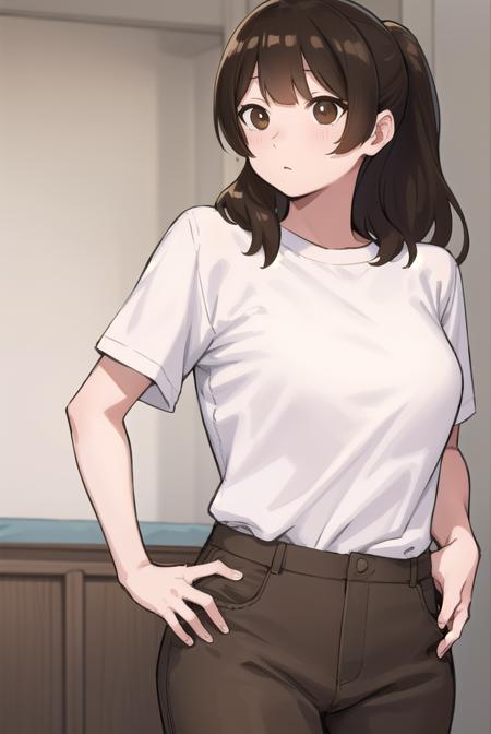 yuiashiro, <lora:yui ashiro-lora-nochekaiser:1>,
yui ashiro, bangs, blunt bangs, brown hair, (brown eyes:1.7), medium hair, ponytail,
BREAK shirt, pants, t-shirt, (white shirt:1.5),
BREAK indoors, bed,
BREAK looking at viewer, (cowboy shot:1.5),
BREAK <lyco:GoodHands-beta2:1>, (masterpiece:1.2), best quality, high resolution, unity 8k wallpaper, (illustration:0.8), (beautiful detailed eyes:1.6), extremely detailed face, perfect lighting, extremely detailed CG, (perfect hands, perfect anatomy),