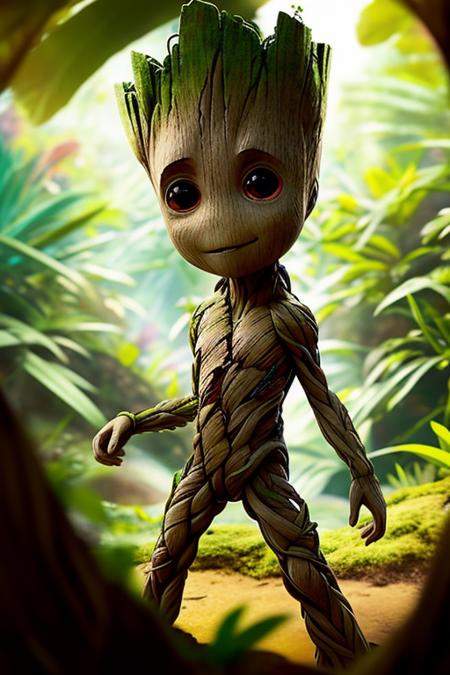 (anime), (illustration), cartoon, detailed,  <lyco:groot_v2:0.7>, groot, jungle background