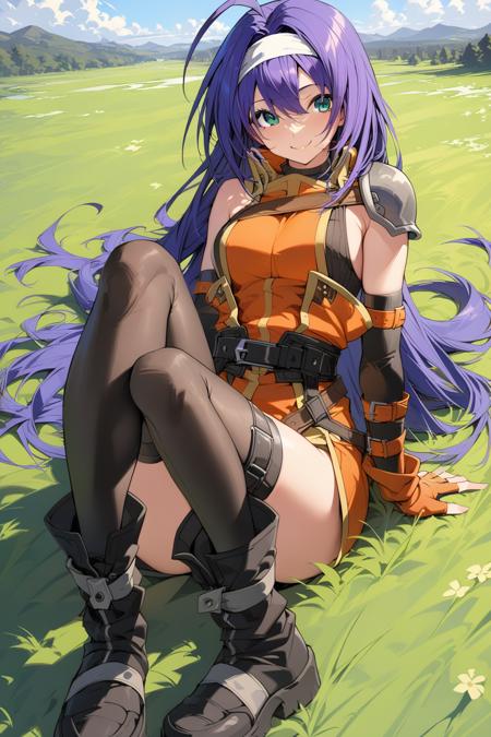 1girls,<lora:mia fehXL:1>,mia feh,long hair,ahoge,purple hair,green eyes,white hairband,shoulder armor,orange dress,sleeveless turtleneck, belt,fingerless gloves,thighhighs,boots,full body,smile,sitting,grass,blue sky,ultra-detailed, best quality,masterpiece