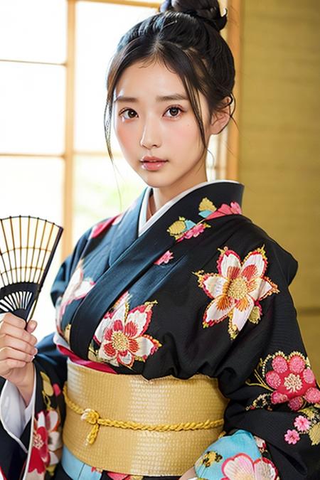 <lora:JPbathrobeMix1:0.8>, huge breast, 1girl, solo, looking at viewer, black hair, holding, brown eyes, upper body, japanese clothes, kimono, hair bun, lips, sash, obi, floral print, hand fan, backlighting, realistic, holding fan