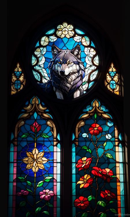 stgl2023, uhd, best quality, masterpiece, trending on arstation, wolf, Stained glass window,