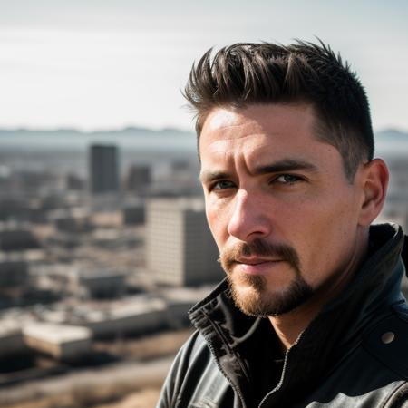 RAW photo, a close up portrait photo of brutal 45 y.o man in wastelander clothes, long haircut, pale skin, slim body, background is city ruins, (high detailed skin:1.2), 8k uhd, dslr, soft lighting, high quality, film grain, Fujifilm XT3