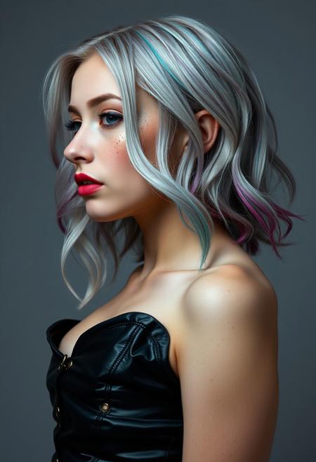 A woman with silver  hair with Teal and Pink tips,  freckles with 0.8 intensity, wearing a latex corset, shot from the side view. The photo should be extremely detailed, with beautiful detailed teal speckled eyes, full lips, pale skin, and a neutral expression. The background should be neutral gray with studio lighting, in the style of dennis mukai, and in RAW photo format. 44d bust, boob focus, dramatic angle, extreme angle shot, neon color grading