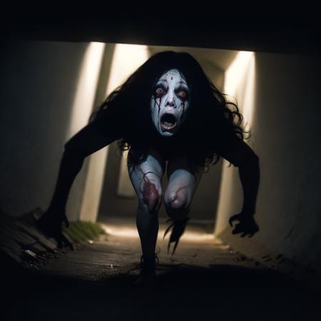 horror art, dread, Best quality, masterpiece, ultra high res, (photorealistic:1.4), Action shot of terrifying ghost chasing after the viewer, dynamic running, in a decrepit underground tunnel in Hell, creepy, white dress, unnerving, unsettling, terrifying, 80mm, horror lighting, dynamic action <lora:kayako:0.8:KEEPCHAR>