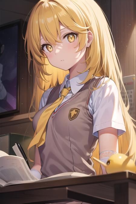 misakishokuhou, <lora:misakishokuhou:1>, misaki shokuhou, blonde hair, hair between eyes, long hair, symbol-shaped pupils, (yellow eyes:1.5)
BREAK elbow gloves, gloves, school uniform, short sleeves, summer uniform, sweater vest, tokiwadai school uniform, white gloves,,
BREAK indoors, classroom,
BREAK looking at viewer, 
BREAK <lora:GoodHands-vanilla:1>, (masterpiece:1.2), best quality, high resolution, unity 8k wallpaper, (illustration:0.8), (beautiful detailed eyes:1.6), extremely detailed face, perfect lighting, extremely detailed CG, (perfect hands, perfect anatomy),