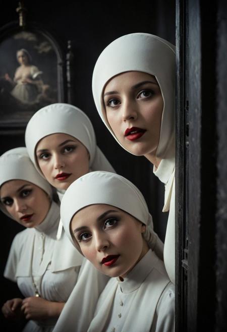 closeup front view, Split Diopter style, busty nuns standing in a row, front view, lustful blushed pureerosface_v1 vintage nuns looking to viewer, Capture the anticipation: A vintage scene unfolds as a group of nuns, clad in white habits and bonnets, cautiously open the doors of an ancient castle. Their faces alight with curiosity and expectation, embodying a moment steeped in mystery and intrigue.
deep blacks, high contrast, atmospheric haze, Film grain, cinematic film still, shallow depth of field, highly detailed, moody, epic, OverallDetail, 2000s vintage RAW photo, photorealistic, candid camera, color graded cinematic, atmospheric lighting, imperfections, natural, shallow dof