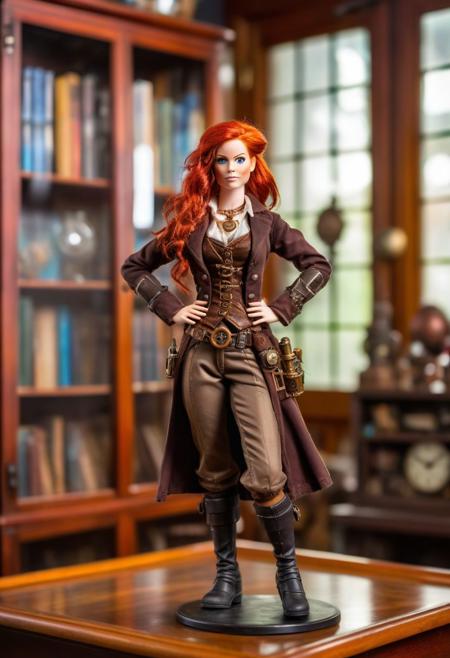realistic action figure of a redhead girl in steampunk attire, hand on hip, peace sign, on a table, inside a glass case, bookcase in the background, high depth of field, bokeh,