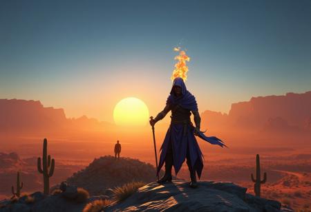 Cinematic fantasy, highly detailed 4K, trending on Artstation, CGSociety. A muscular figure in a purple hooded cloak, face obscured by a Supersonic Skull Flame, holding a staff, stands on a rocky outcropping overlooking a vast desert landscape with mountains and cacti. A large orange sun sets, casting a warm dramatic glow. Two silhouetted figures in the distance add scale. Matte Painting, Octane Render, Unreal Engine 5, impeccable composition, golden ratio, creative angle.