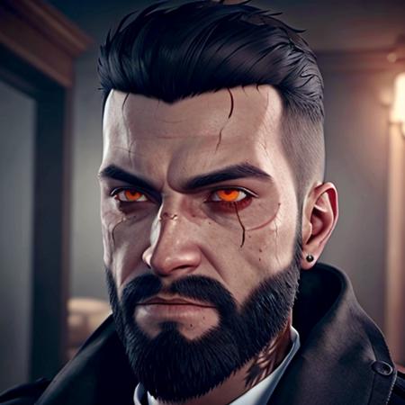 Jonathan_Reid, (bearded man), handsome, <lora:Jonathan_Reid_Vampyr_Test2:0.5>, (evil_eyes), black sclera, close up, Vampyr_Game