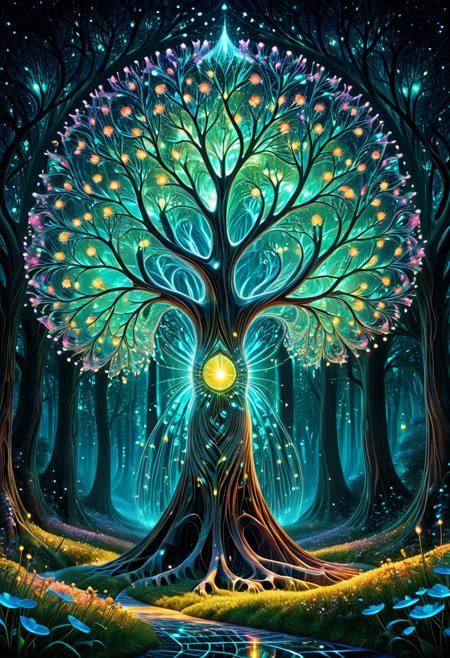 ,A beautiful flowering tree made out of fractangles, in a fairy glade, fireflies, 
ethereal,
glowing, magicNpolished, light, very detailed, amazing quality, intricate, cinematic light, highly detailed, Masterpiece, beautiful, surreal, dramatic,