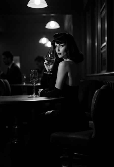 A beautiful brunette woman in 1940s film noir style, sitting at a table in a dimly lit cabaret, drinking wine. The analog monochrome photography captures her enigmatic expression and the dramatic lighting, with deep shadows and a vintage aesthetic. The composition frames her from the mid-torso up, emphasizing her glamorous attire and the atmospheric setting.