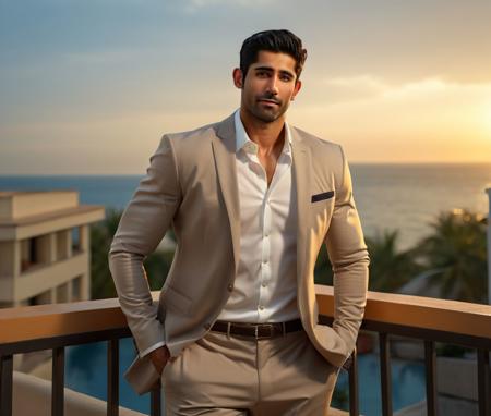 Nautical-themed (Photo:1.3) of (Ultrarealistic:1.3) <lora:Man_Men_FFashion:1> Gilles Marini a man <lora:varun-sood_Gilles-Marini:1> in a tan suit standing on a balcony, sun behind him, inspired by Pablo Munoz Gomez, shot at golden hour, editorial photograph, midshot of a hunky, by Roman Bezpalkiv, by Artur Tarnowski, maxim sukharev, by Gabor Szikszai,Highly Detailed,(Mono Color:1.3) . Sea, ocean, ships, maritime, beach, marine life, highly detailed