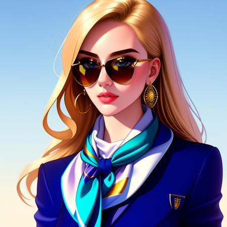 Masterpiece, High quality,  <lora:Silk_Scarf:0.8>, silk scarf, woman wearing a silk scarf, with a golden ring, sunglasses, wearing a blue women's suit,analog style, symmetric, centered, closeup, feminine, glossy, bimbo