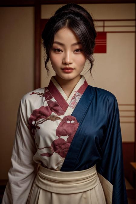 analog film photo cinematic photo ((dstyle, mindcolors)), <lora:mindPhoto:.4> mt-helper, <lora:[JP]_-_Anna_Sawai:1> mt-annasawai, solo, (looking at viewer), smile, realistic lighting, asymmetrical bob cut hair, (detailed skin), (detailed face), smiling, (japanee royal dress, kimono, geisha, white cotton socks, smirking, long hair, smile, traditional makeup), (simple dark red feudal japan room background:1.5), 
BREAK
masterpiece, best quality, ultra-detailed, ultra high res, (photorealistic:1.4), raw photo, (realistic:0.2), 8k HDR, 1girl, bokeh, f1.4, 40mm, photorealistic, raw, 8k, textured skin, skin pores, intricate details, 
BREAK
<lora:PAseer-SD15-LCM Quick:1> <lora:mindColors:.4> <lora:epiCRealismHelper:.8> <lora:add_detail:0.8> <lora:DStyle_-_Photography_Style:.4>     . 35mm photograph, film, bokeh, professional, 4k, highly detailed . faded film, desaturated, 35mm photo, grainy, vignette, vintage, Kodachrome, Lomography, stained, highly detailed, found footage